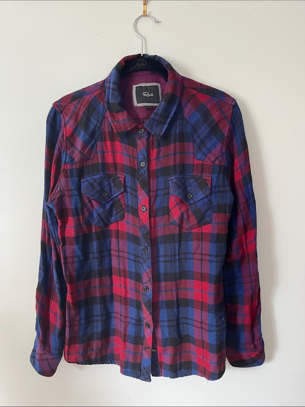 Rails Flannel Shirt M Red Black & Blue Plaid Button Front Long Sleeve Lumberjack